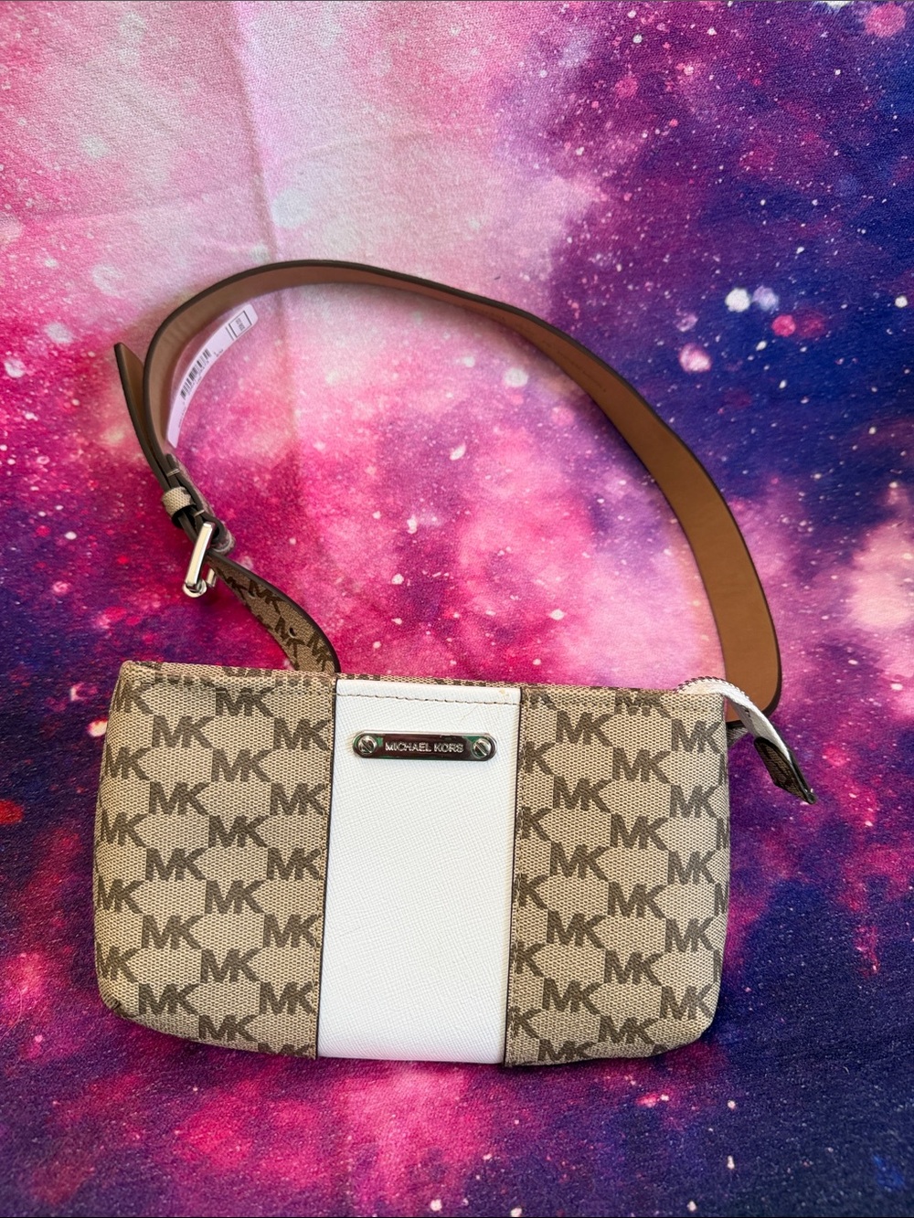 Michael Kors Beige MK Logo Canvas Crossbody with White Center Panel